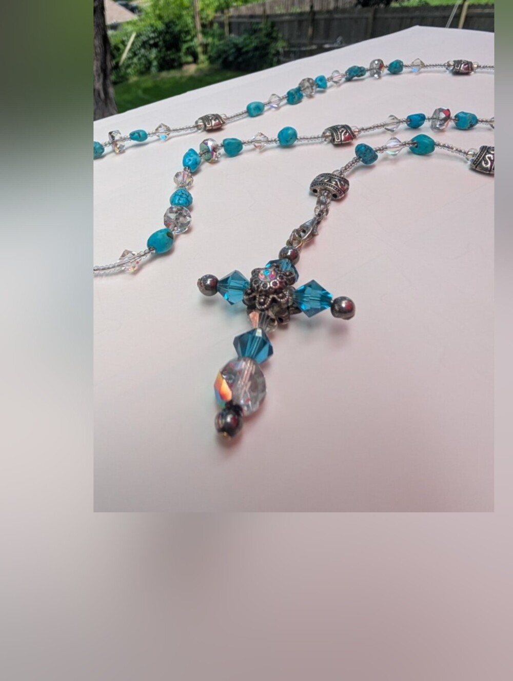 Vintage Rosary Necklace Turquoise & Crystal Handmade 925 - Picture 13 of 13